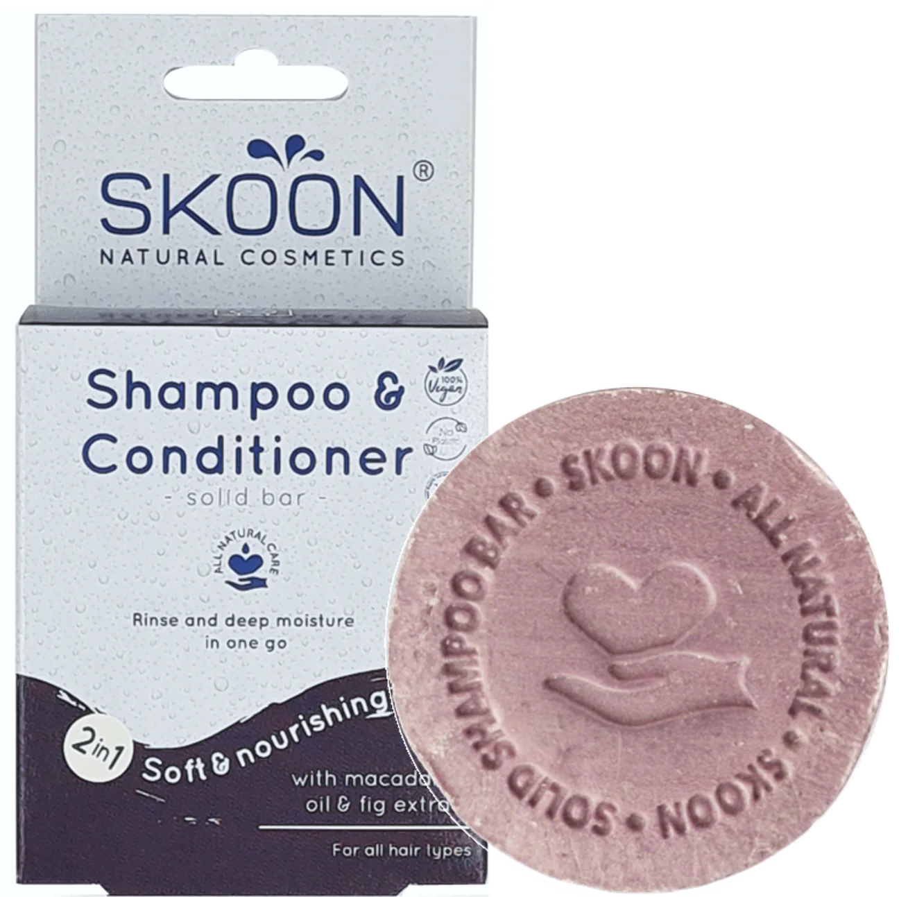 Kietasis šampūnas ir kondicionierius drėkinantis plaukus 2in1, SKOON, 90 g.